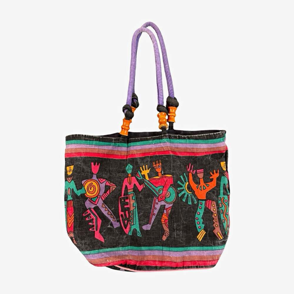 Vintage Sand N Sun Striped Multicolor Tote Zip Closure Purple Wooden Handles
